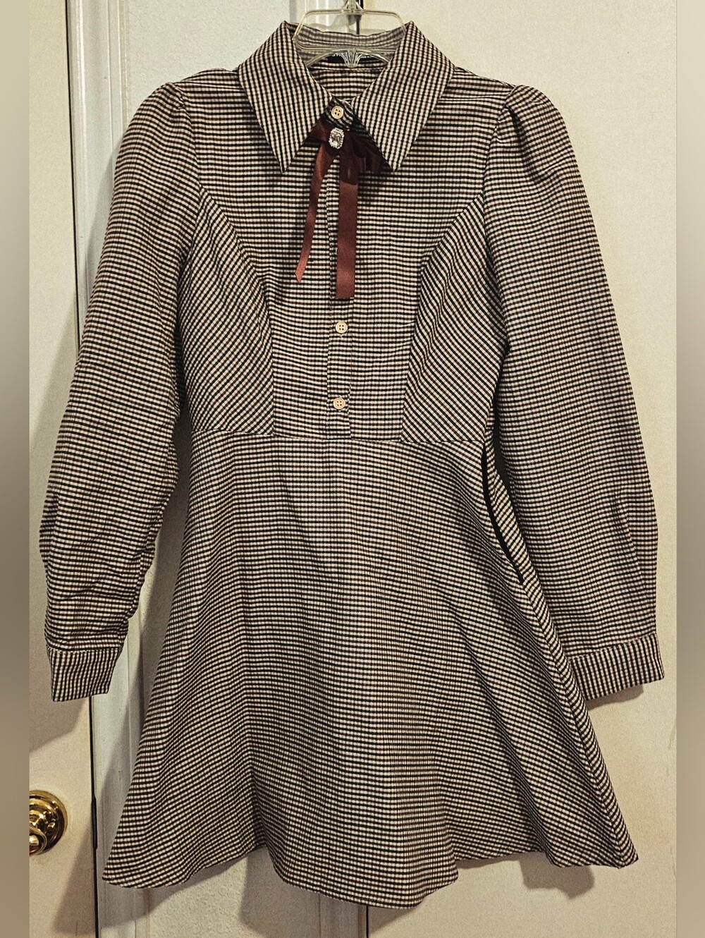 Brown and White Houndstooth Long-Sleeve Dress with Bow